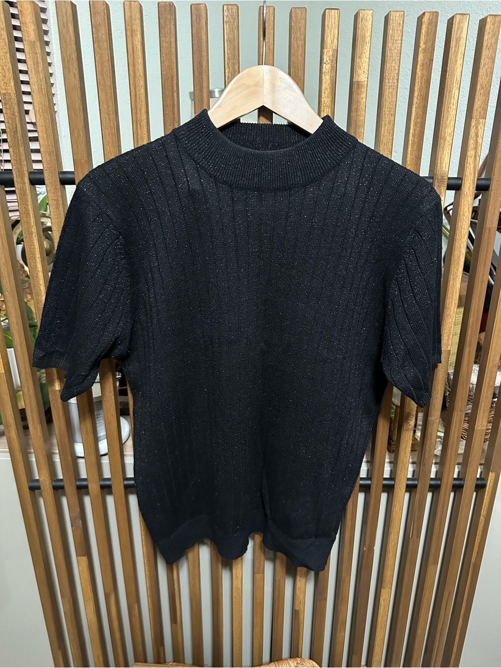 Vintage Sag Harbor Black Silver Metallic Ribbed Mock Neck Knit Top M